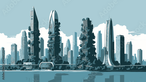 Futuristic Cityscape with Green Skyscrapers vector illustration