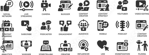 Content creator icon set. Video editing, content strategy, youtuber, blogger, monetization, podcast, live streaming, social network, subscribe and more.