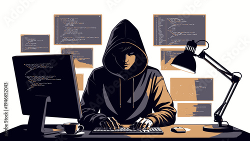 Hacker at Computer Desk with Multiple Code Windows