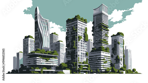 Sustainable Cityscape with Green Covered Buildings vector illustration