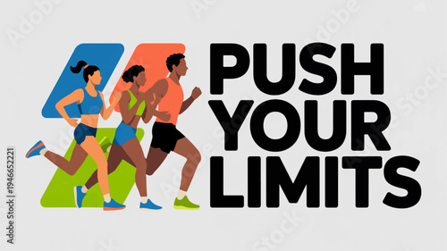 Motivational fitness illustration of three runners in motion with 'push your limits' text for sports and wellness concepts