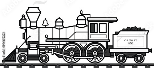 A classic black and white line art drawing of a steam locomotive
