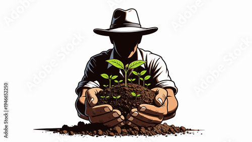 Farmer Holding Seedlings with Soil vector illustration