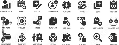 Plus sign icon set. Containing add, more, new, copy, augmentation, positive, create, zoom and more.