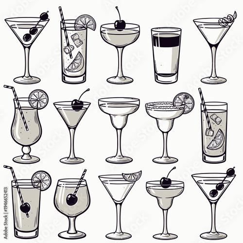 Collection of Cocktail Glasses with Drinks Line Art vector illustration