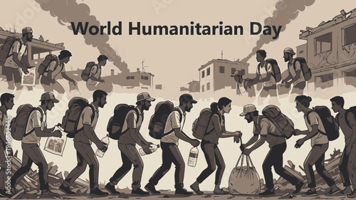 World Humanitarian Day Refugees Fleeing Conflict vector illustration