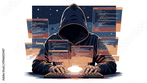 Hacker in Hoodie with Code Screens vector illustration