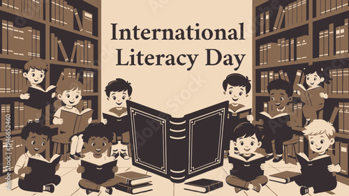International Literacy Day with Children Reading Books vector illustration