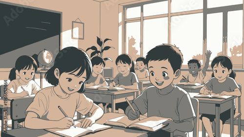 Illustration of Students Learning in a Classroom vector illustration