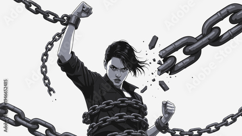 Breaking Free Woman Breaking Chains vector illustration