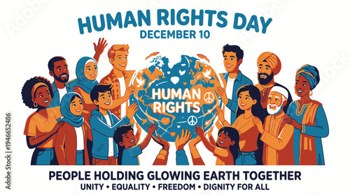 Human Rights Day Diverse People Holding Glowing Earth vector illustration