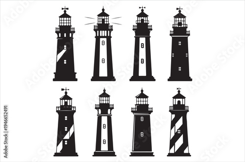 A collection of silhouetted lighthouses in varying styles and heights