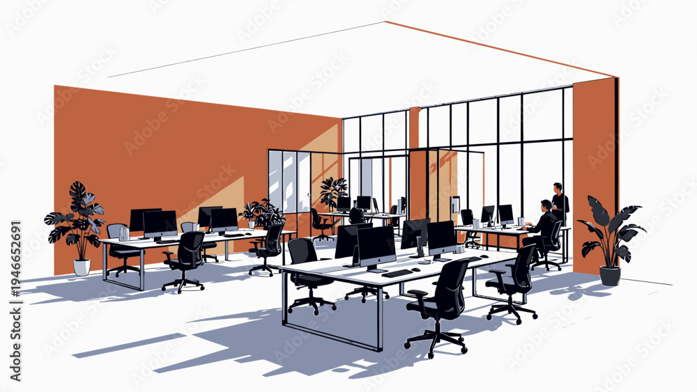 Obraz premium Modern Office Space with Desks and Computers vector illustration