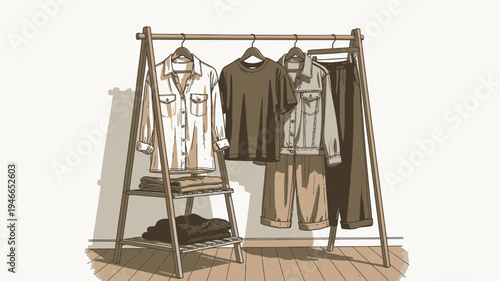 Clothing Rack with Casual Outfit vector illustration