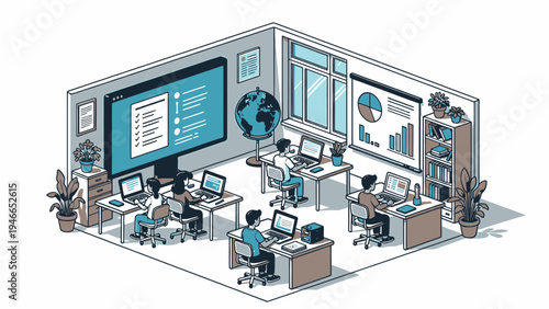 Isometric Office Space with Workers and Digital Display vector illustration