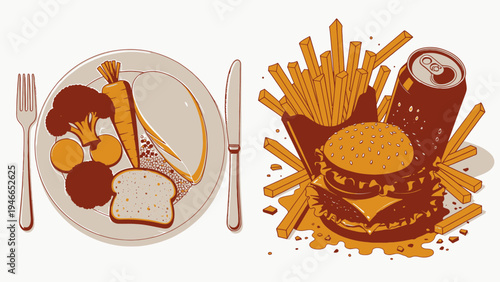 Healthy Meal vs Unhealthy Meal Concept vector illustration