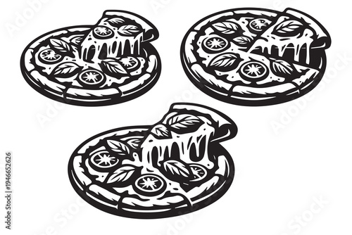Black and white vector illustration of three different types of pizza slices, simple outlines with visible toppings, minimal food design style.