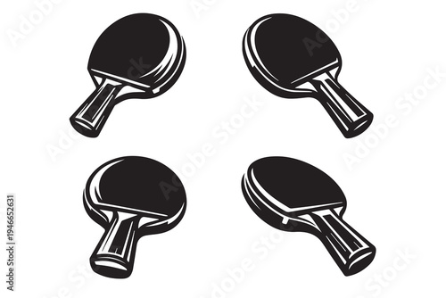 Simple black and white vector of a table tennis paddle displayed in four views, front and back with side perspectives, clean outlines and minimal illustration style.