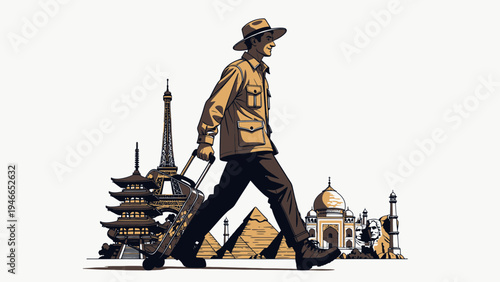 Traveler with Suitcase Visiting World Landmarks vector illustration