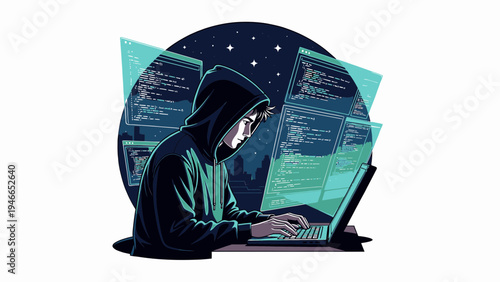 Hacker In Hoodie Typing On Laptop With Code Screens vector illustration