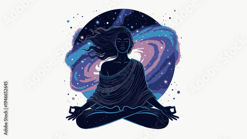 Meditating Woman in Cosmic Universe vector illustration