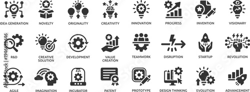 Innovation icon set. Containing creativity, invention, prototype, visionary, idea generation, agile, revolution and more.