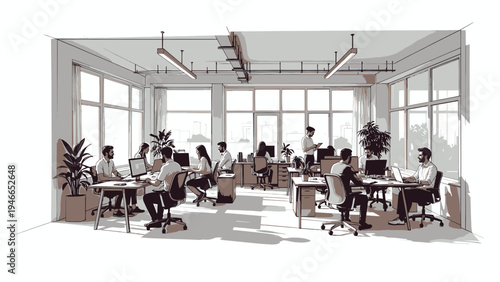 Sketch of a Modern Open Office Space with Workers
