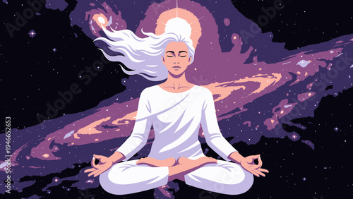 Meditating Woman in Lotus Position Against a Galaxy Backdrop vector illustration