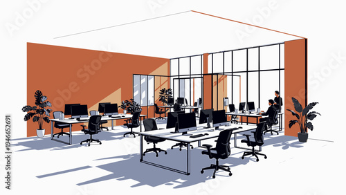 Modern Office Space with Desks and Computers vector illustration