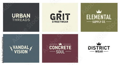 Diverse Streetwear Logo Collection - Urban Threads, Grit, Elemental, Vandal Vision, Concrete Soul, District Wear.