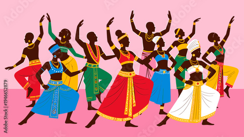 Group of Dancers in Colorful Traditional Attire vector illustration