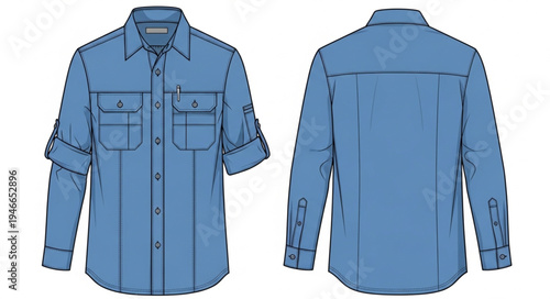 Blue Long Sleeve Shirt with Pockets and Button Closure.