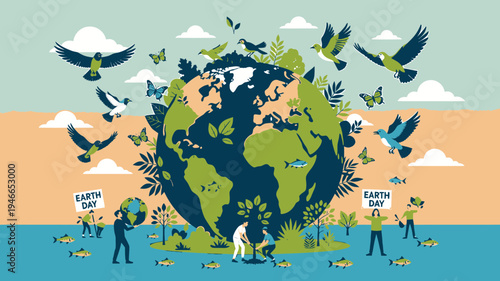 Earth Day Celebration with Globe and People Planting Trees vector illustration