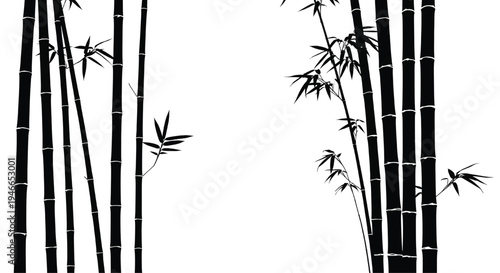 A black and white illustration of bamboo stalks and leaves on a white background