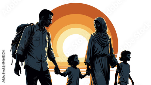 Muslim Family Walking Together Against Orange Sun vector illustration
