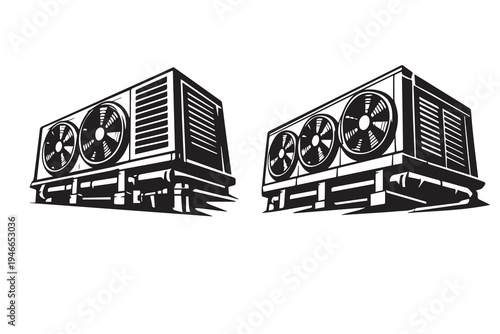 Minimal vector of two factory cooling fans with strong blades and industrial structure, clean outlines and simple engineering style illustration.