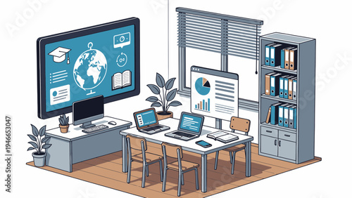Isometric Digital Learning Office Space vector illustration