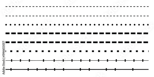 Set of long dotted line connection, variety of long dashed lines, seamless graphic pattern with black stripes, notebook page design elements
