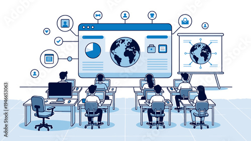 Online Global Training in Educational Setting vector illustration