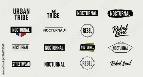 Collection of urban and nocturnal themed logos featuring words like tribe, nocturnal, and rebel.