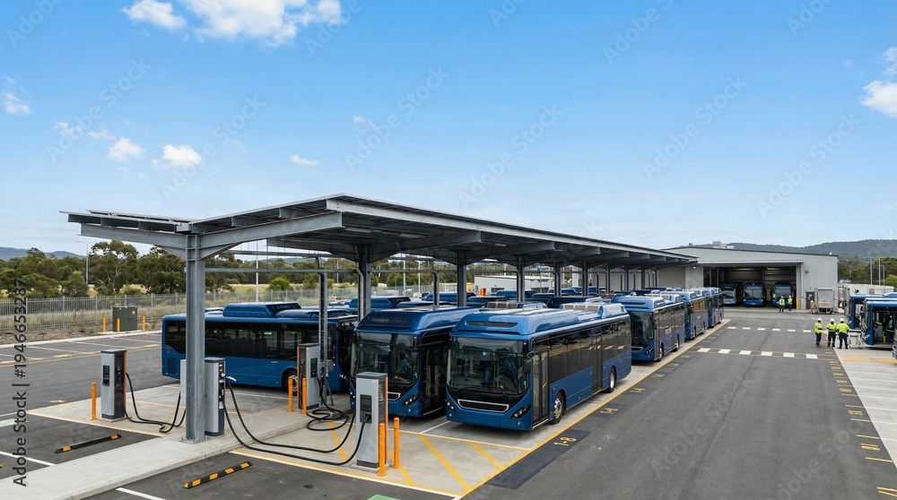 Fototapeta premium Fleet of blue electric buses charging at a modern depot under a bright sky