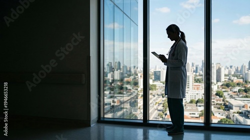 Silhouette of a medical professional wearing a lab coat holding a tablet device by a window overlooking a city skyline