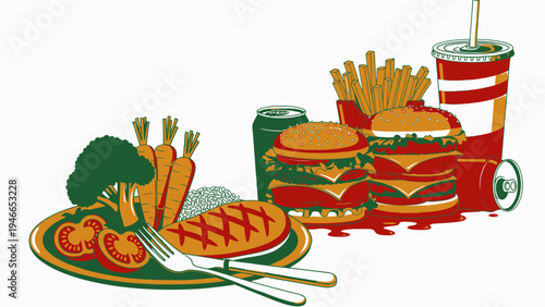 Healthy Versus Unhealthy Food Choices vector illustration