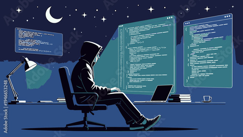 Anonymous Hacker Coding at Night vector illustration
