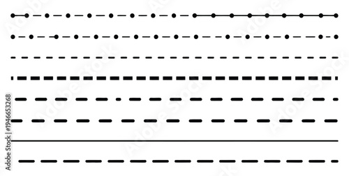 Set of long dotted line connection, different types of long dashed line, collection of lines for notebook pages, graphic seamless pattern with black stripes