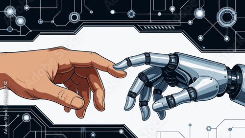 Human and Robot Hands Reaching vector illustration