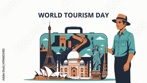 World Tourism Day Concept with Famous Landmarks vector illustration