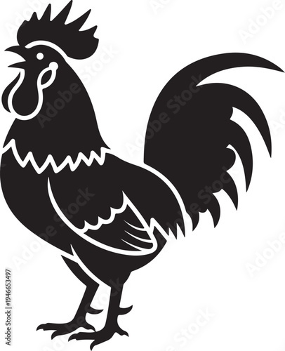 Bold black silhouette of a crowing rooster standing proudly.