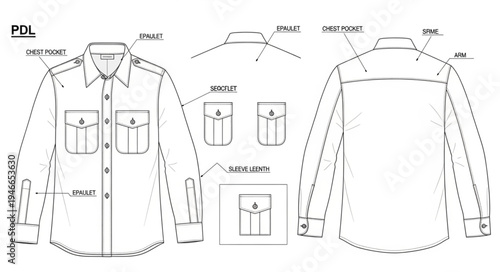 Technical Drawing of a Long-Sleeved Shirt with Pockets and Details.