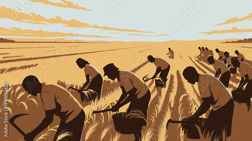Workers Harvesting Crops in Field vector illustration